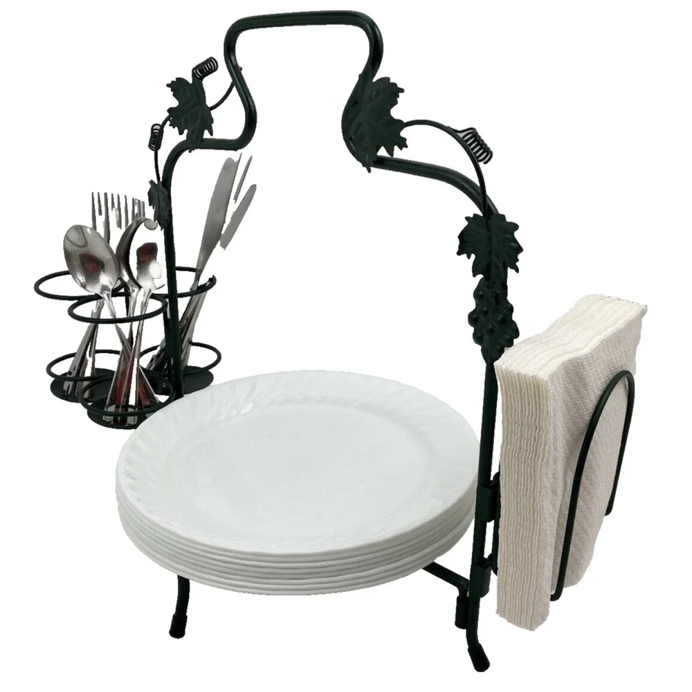 Buffet Plate or Pie Caddy with Utensils & Napkin Holder Green Grapevine Motif